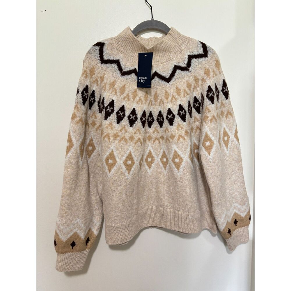 Crown & Ivy Fair Isle NWT Sweater M Cozy Neutral Nordic Aztec Mock Neck